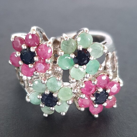 One-of-a-Kind Vintage Natural Emerald, Ruby & Sapphire 925 Silver Statement Ring - Picture 4 of 14